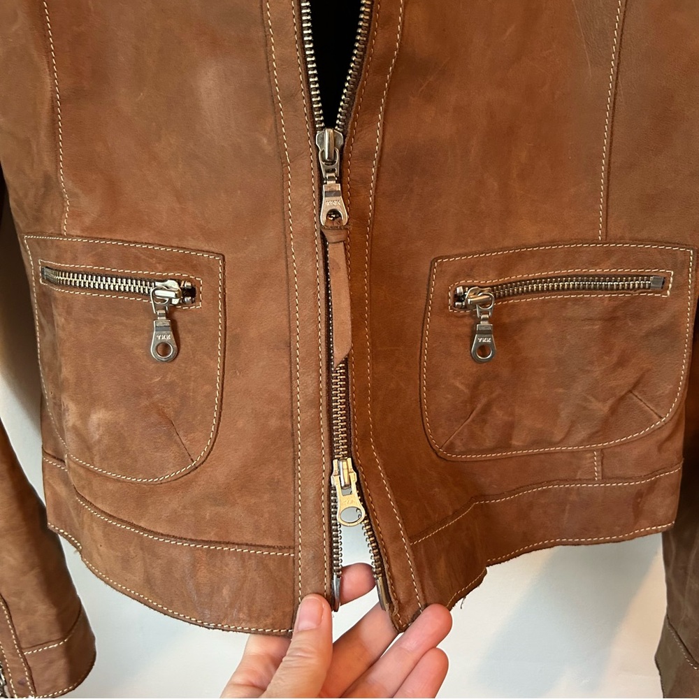 Roots Tan Brown Nubuck Leather Moto Jacket Tab Collar Zip Up - Sz 6 - Picture 4 of 16